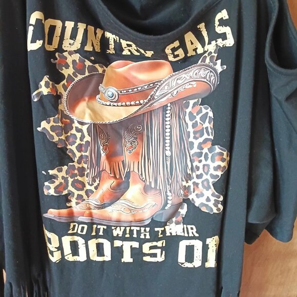 Shein Curve 4X Black Fringe Cold Shoulder Western Graphic Top Country Gals - Picture 3 of 6